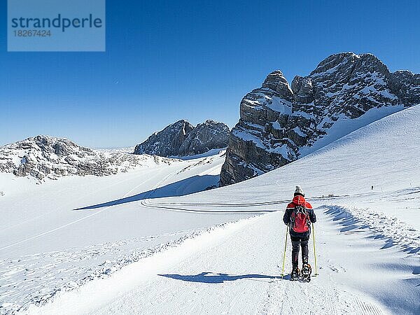 Blauer Himmel über Winterlandschaft  Skitourengeherin am Hallstätter Gletscher  Hallstätter Gletscher  Dachsteinmassiv  Steiermark  Österreich  Europa