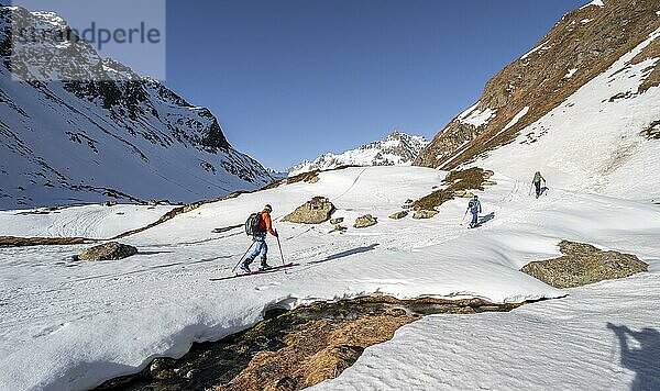 Skitourengeher im Oberbergtal  verschneite Berge und Oberbergbach  Stubaier Alpen  Tirol  Österreich  Europa
