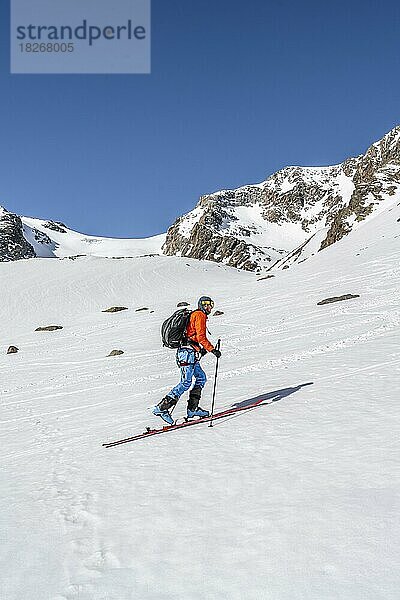 Skitourengeher beim Aufstieg zum Lisenser Ferner  Berglastal  hinten Berglasferner  Stubaier Alpen  Tirol  Österreich  Europa