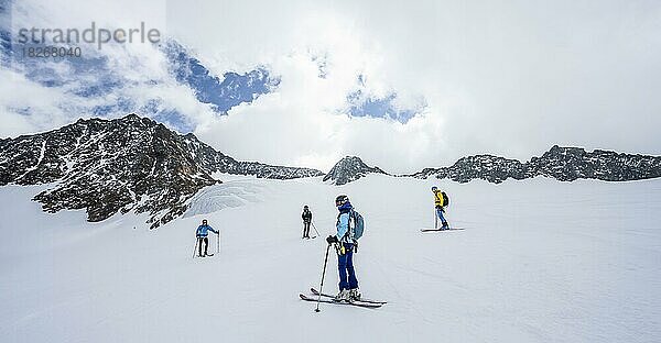 Gruppe SKitourengeher und Splitboarder bei der Abfahrt am Alpeiner Ferner  Stubaier Alpen  Tirol  Österreich  Europa