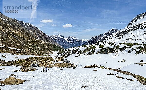 Skitourengeher bei wenig Schnee im Frühjahr  Aufstieg zur Franz-Senn-Hütte  Oberbergtal  Tirol  Österreich  Europa