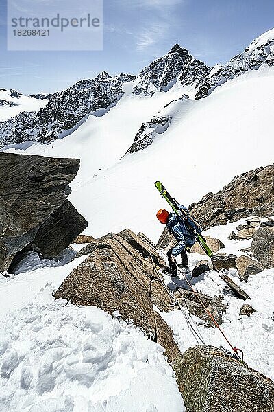 Skitourengeher beim Abstieg am Seil an der Turmscharte  Ausblick auf den Gletscher Verborgen-Berg Ferner mit Gipfel Schrandele  Stubaier Alpen  Tirol  Österreich  Europa