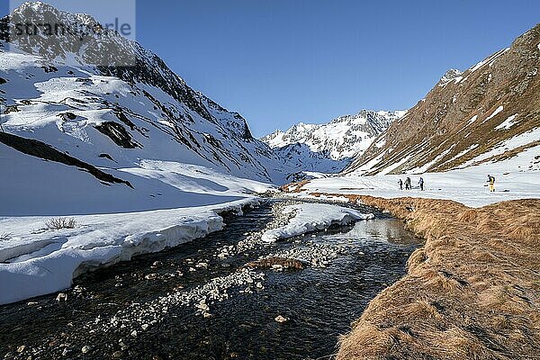 Oberbergbach im Winter mit verschneiter Berglandschaft  hinten Gipfel Aperer Turm  Stubaier Alpen  Tirol  Österreich  Europa