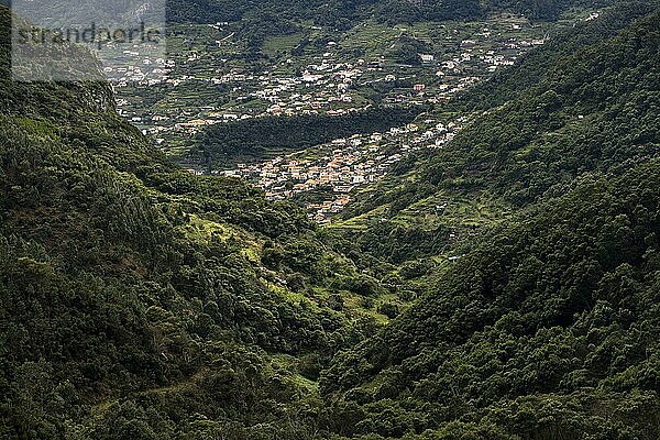 Dicht bewaldete Berge  hinten Häuser des Ortes Machico  Wanderweg Vereda do Larano  Madeira  Portugal  Europa