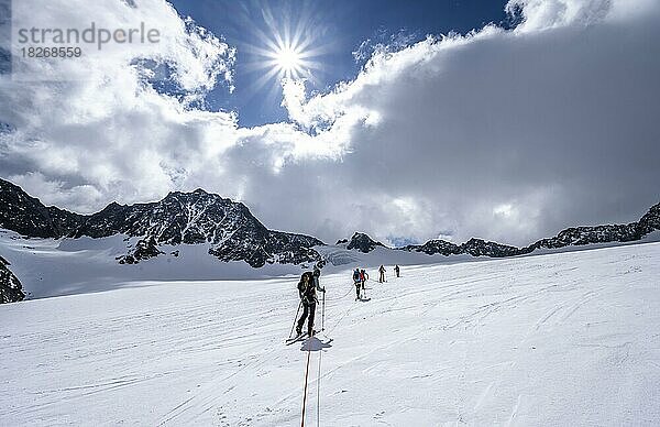 Gruppe Skitourengeher beim Aufstieg am Seil  am Alpeiner Ferner  Aufstieg zur Oberen Hölltalscharte  Sonnenstern  Stubaier Alpen  Tirol  Österreich  Europa