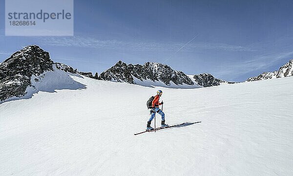 Skitourengeher am Lisenser Ferner  Ausblick auf Berge und Gletscher mit Gipfel Vorderes Hinterbergl  Stubaier Alpen  Tirol  Österreich  Europa