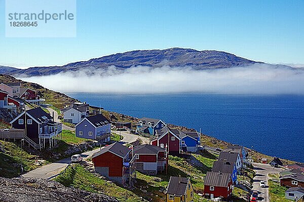Bunte Häuser an einer Wohnstraße  karge Berge im Küstennebel  Qaqortoq  Arktis  Südgrönland  Grönland  Dänemark  Nordamerika