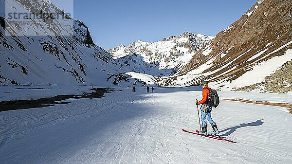 Skitourengeher im Oberbergtal  verschneite Berge mit Gipfel Aperer Turm  Stubaier Alpen  Tirol  Österreich  Europa