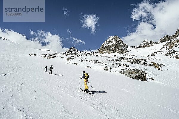 Skitourengeher beim Aufstieg am Alpeiner Ferner  Berglandschaft mit Gipfel Nördliche Wildgratspitze  Stubaier Alpen  Tirol  Österreich  Europa