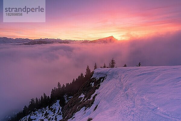 Winterlandschaft auf dem Gnipen und über dem Nebelmeer mit Blick Richtung Rigi mit Sonnenuntergang dahinter  Kanton Schwyz  Schweiz  Europa