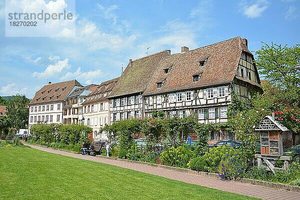 Kleiner Park mit Blick auf schöne traditionelle alte europäische Fachwerkhäuser im Stadtzentrum an einem sonnigen Tag  Wissembourg  Frankreich  Europa