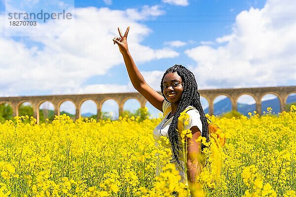 Das Siegeszeichen  ein schwarzes ethnisches Mädchen mit Zöpfen  eine Reisende  in einem Feld mit gelben Blumen