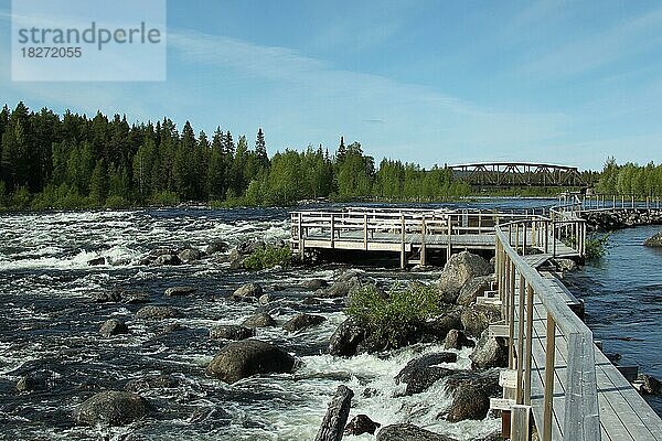 Der Fluss Skelleftea mit Wandersteg im Wasser  Lappland  Schweden  Skandinavien  Europa