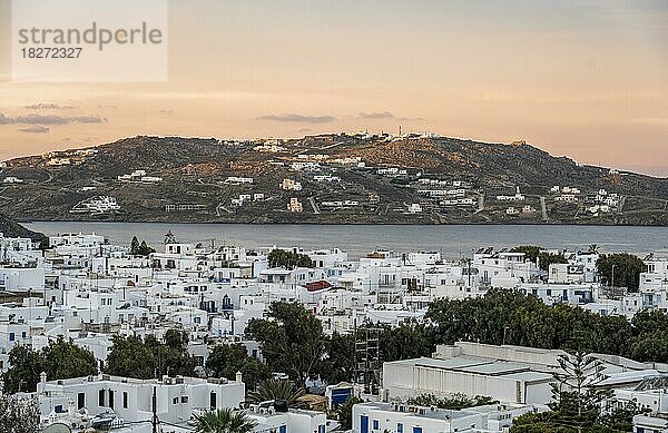 Ausblick über weiße kykladische Häuser bei Sonnenaufgang  Insel und Meer  Mykonos Stadt  Mykonos  Kykladen  Griechenland  Europa