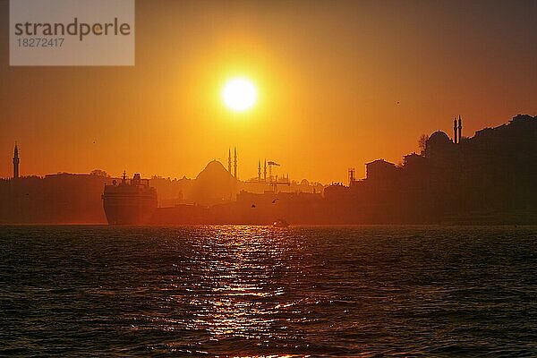 Hafeneinfahrt  Silhouetten von Moscheen und Frachtschiff bei Sonnenuntergang  Istanbul  Türkei  Asien