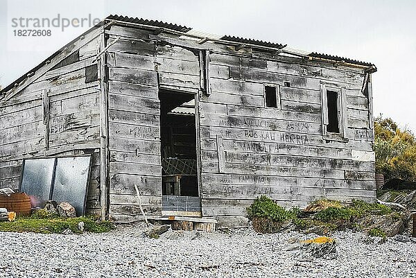 Holzhütte mit Blechdach und ohne Tür in Ushuaia  Tierra del Fuego  Argentinien  Südamerika