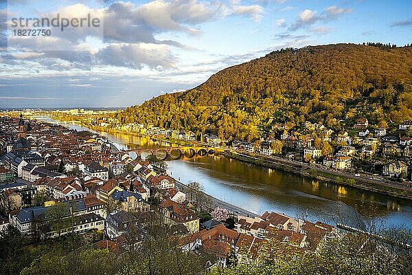 Blick auf Heidelberg  die Alte Brücke (Karl-Theodor-Brücke)  die Altstadt und den Fluss Neckar am Morgen zur goldenen Stunde bei Sonnenschein  Panorama  Rhein-Neckar-Kreis  Baden-Württemberg  Deutschland  Europa