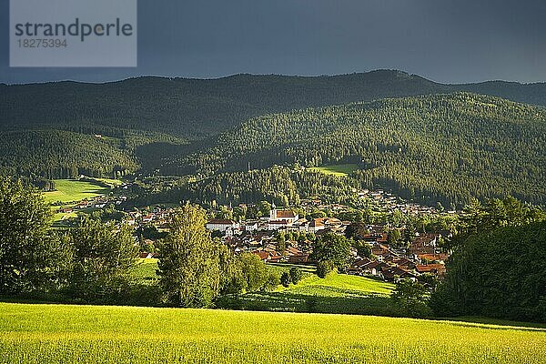 Blick auf die Kleinstadt Lam und die umgebende Landschaft  dramatische Lichtstimmung mit dunklen Wolken und Sonnenschein nach Gewitter im Sommer  Lamer Winkel  Bayerischer Wald  Bayern  Deutschland  Europa