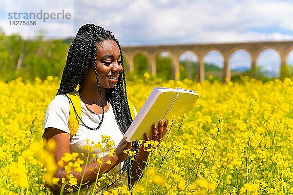 Ein Buch in der Natur lesend  ein Mädchen schwarzer Ethnie mit Zöpfen  eine Reisende  in einem Feld mit gelben Blumen