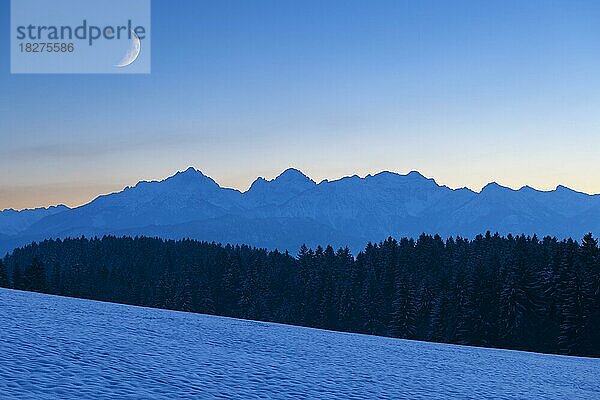 Tannheimer Berge bei Füssen  Morgendämmerung  Winter  Schnee  Sichelmond  Halbmond  Ostallgäu  Bayern  Deutschland  Europa