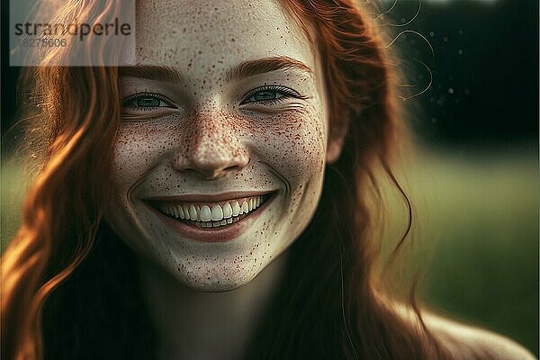 Porträt einer lachenden jungen Frau mit Sommersprossen im Freien. Ai generierte Kunst