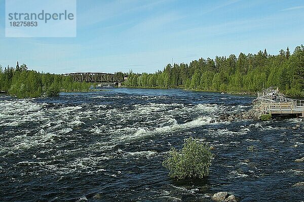 Der Fluss Skelleftea mit Wandersteg im Wasser  Lappland  Schweden  Skandinavien  Europa