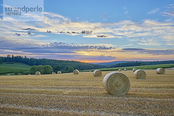 Landschaft mit Heuwiese und Strohballen bei Sonnenuntergang  Großheubach  Miltenberg  Spessart  Franken  Bayern  Deutschland  Europa