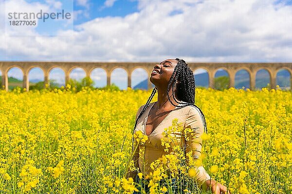 Lebensstil  Natur in Freiheit  Porträt eines Mädchens schwarzer Ethnie mit Zöpfen  in einem gelben Blumenfeld