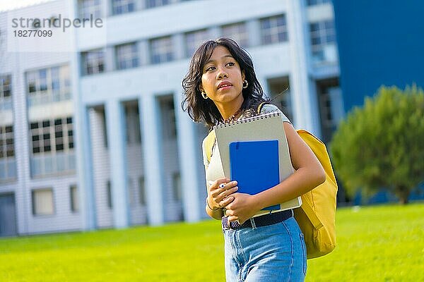 Porträt eines asiatischen Mädchens auf dem Campus  Studentenkonzept mit Blöcken in der Hand  zu Fuß im College