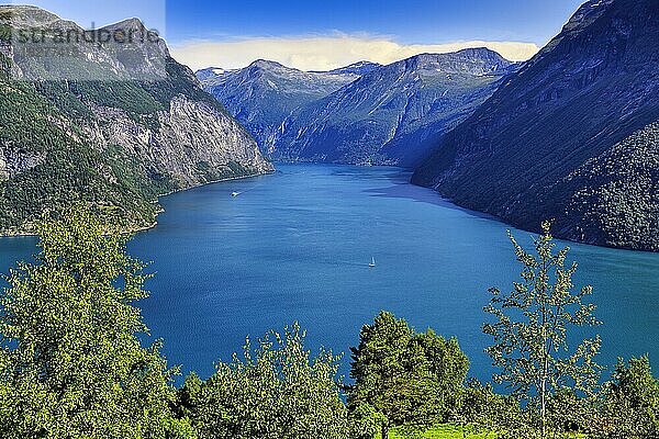 Fjordlandschaft im Sommer  Ausblick auf den Sunnylvsfjord  sonniges Wetter  Hellesylt  Møre og Romsdal  Norwegen  Europa