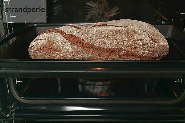 Laib Brot auf dem Backblech mit Ofenhandschuhen