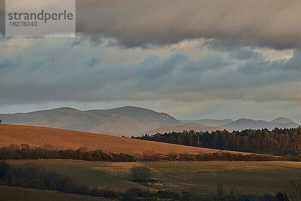 Vegetation der Wälder und Felder in den Hügeln mit Wolken im Abendlicht  Krásin  Dolná Sú?a  Slowakei  Europa