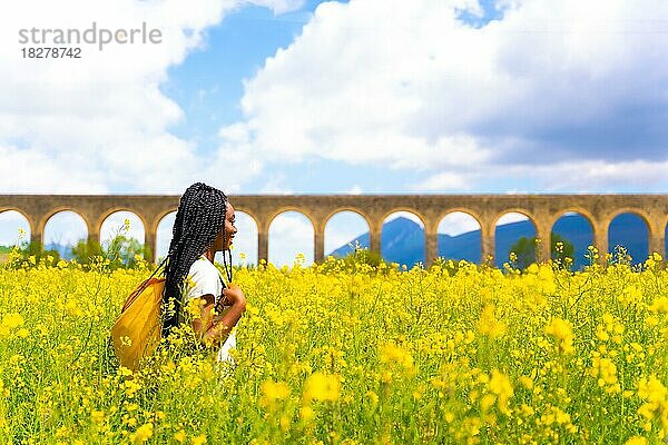 Genießen Sie den Frühling  schwarzes ethnisches Mädchen mit Zöpfen  Reisende  in einem Feld von gelben Blumen