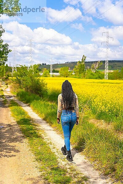 Ein schwarzes ethnisches Mädchen mit Zöpfen  eine Reisende  die gemeinsam einen Weg entlang geht  in einem Feld mit gelben Blumen