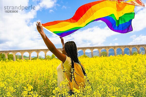 Ein schwarzes ethnisches Mädchen mit Zöpfen hält die LGBT-Flagge in einem gelben Blumenfeld
