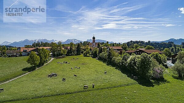 Blick auf das Dorf Seeg im Allgäu  im Hintergbrund die Allgäuer Alpen  Schwaben  Bayern  Deutschland  Europa