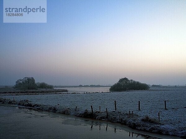 Winterszene vor dem Sonnenaufgang im Naturschutzgebiet Breites Wasser bei Worpswede im Landkreis Osterholz  Deutschland  Europa