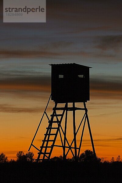 Hochsitz auf einer Wiese  Feldsilhouette im Sonnenuntergang im Herbst