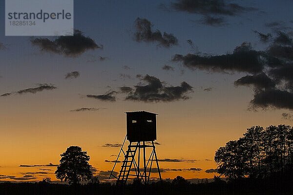 Hochsitz auf einer Wiese  Feldsilhouette im Sonnenuntergang im Herbst