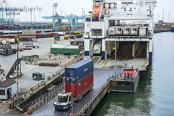 Container an Bord des RoRo-Frachtschiffs Bore Song von P&O Ferries im Hafen von Zeebrügge  Belgien  Europa