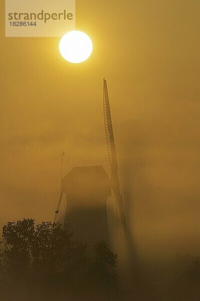 Holländische Windmühle im Nebel in der Morgendämmerung  Silhouette gegen gelben Sonnenaufgang  Gelderland  Niederlande  Europa