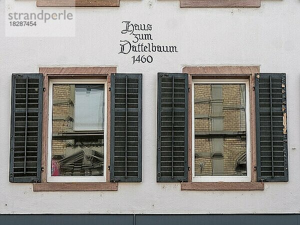 Die an der Fassade des Gebäudes sichtbare antike Angabe des Hausnamens als bildliche Darstellung in Form von Hauszeichen angebracht  Freiburg im Breisgau  Schwarzwald  Baden-Württemberg  Deutschland  Europa