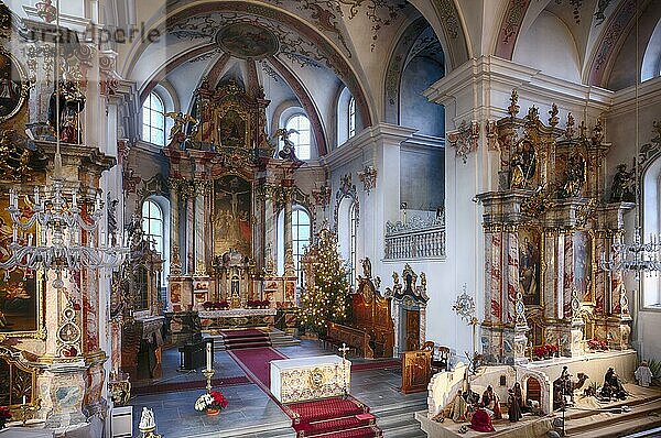 Altarraum  weihnachtlich geschmückt mit Krippe  Pfarrkirche Sankt Peter und Paul  Sarnen  Obwalden  Schweiz  Europa