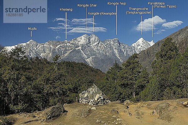 Blick talabwärts von Deboche in der Khumbu-Region. Ein Teil des Klosters Tengboche ist auf der linken Seite auf dem Bergrücken zu sehen. Der steile Hang des Kongde schließt den Blick mit seiner scharfen Kante und einer Reihe von Gipfeln des Rolwaling Himal an seinem höchsten Punkt ab. Everest-Basislager-Trekkingroute  Everest-Region  Sagarmatha-Nationalpark. Ein Bergpanorama mit markierten Gipfeln  aufgenommen in der Everest-Region. Solukhumbu  Nepal  Asien