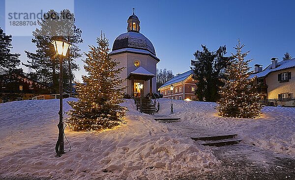 Stille Nacht Kapelle im Winter  Nachtaufnahme mit Christbäumen  Oberndorf  Salzburger