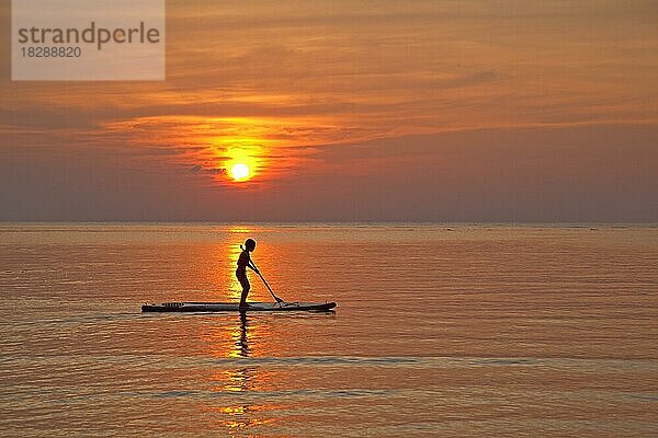 Kind beim Standup-Paddleboarding  Silhouette im Sonnenuntergang  Insel Ko Tao  Koh Tao  Teil des Chumphon Archipels in Südthailand