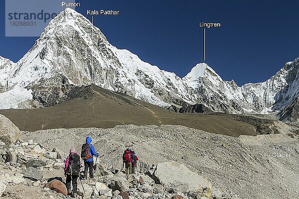 Wanderer  die die Gletschermoränen auf dem Weg zum Everest-Basislager in der Nähe von Gorakshep im Khumbu-Tal in der Everest-Region überqueren. Ein Foto mit beschrifteten Berggipfeln. Der Pumori ist links und der Kala Patthar  einer der besten Aussichtspunkte im Himalaya  ist darunter. Khumbu-Region  Sagarmatha-Nationalpark  Solukhumbu  Nepal  Asien