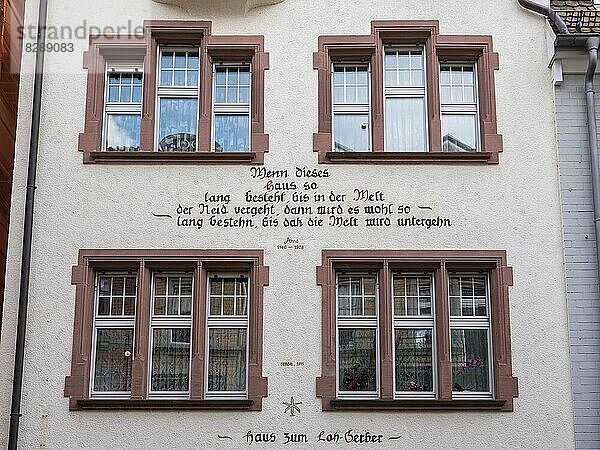 Die an der Fassade des Gebäudes sichtbare antike Angabe des Hausnamens als bildliche Darstellung in Form von Hauszeichen angebracht  Freiburg im Breisgau  Schwarzwald  Baden-Württemberg  Deutschland  Europa