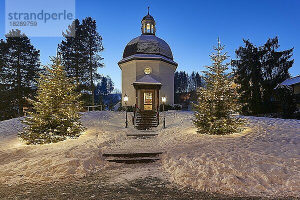 Stille Nacht Kapelle im Winter  Nachtaufnahme mit Christbäumen und Schnee  Oberndorf  Salzburg