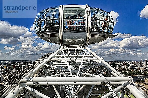 Blick von unten auf eine Gondel  Besucher genießen Aussicht im London Eye  Stadtzentrum London  sonniges Wetter  England  Großbritannien  Europa